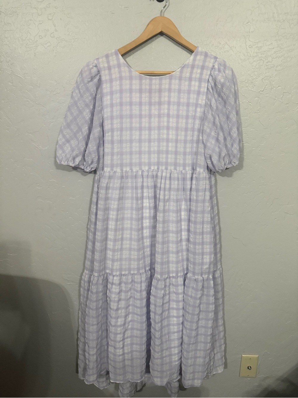 English Factory Lilac Plaid Tiered Dress with Puff Sleeves